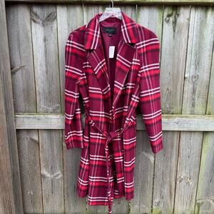 Ann Taylor Factory Trench Coat Jacket Plaid Red NWT Size Large